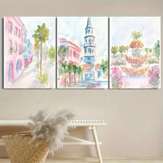 3pcs Charleston South Carolina Pastel Pink Metal Print Ready to Hang Art