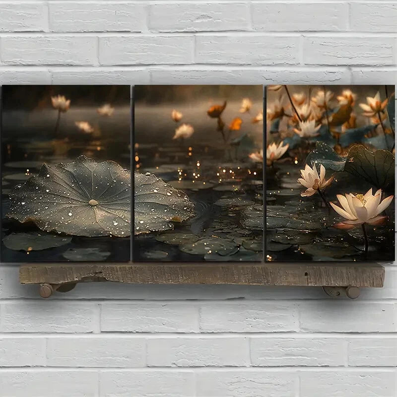 3pcs Leaves Adorned with Dewdrops Painting Metal Print Ready to Hang Art
