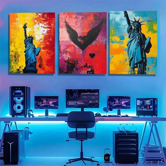 3pcs Statue of Liberty Graffiti Vibrant Perfect Wall Art Set Canvas Framed 40x60cm - High Quality Print 100% Australian Made Wall Canvas Ready to Hang