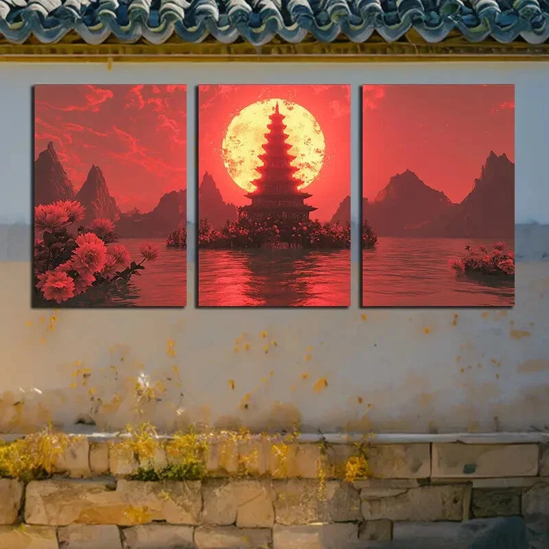 3pcs Vibrant Ancient Pagoda and Moon Metal Print Ready to Hang Art