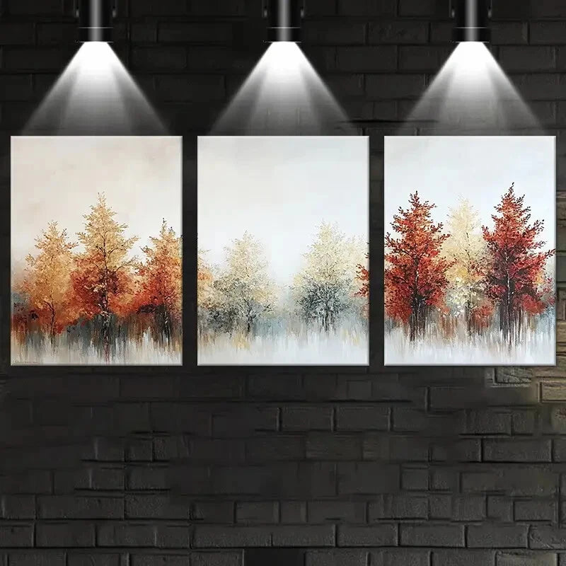 3pcs Elegant Trees Autumn Forest Scene with Golden Metal Print Ready to Hang Art