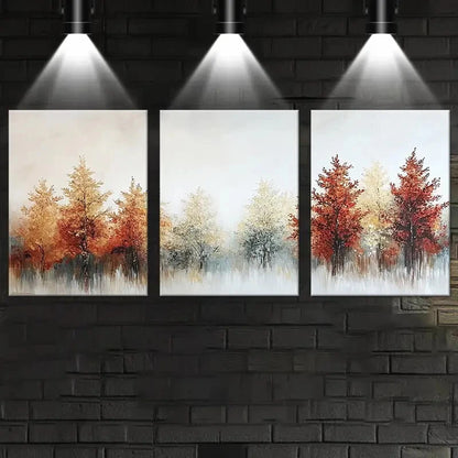 3pcs Elegant Trees Autumn Forest Scene with Golden Metal Print Ready to Hang Art
