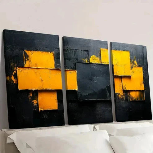 3pcs Vibrant Yellow & Black Textured BN Wall Art Set Canvas Unframed - High Quality Print 100% Australian Made Wall Canvas - Bella Home Decor