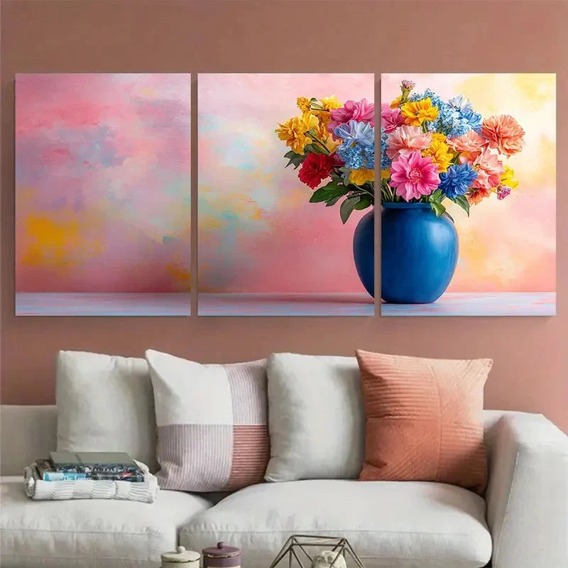 3pcs Flowers in a Blue Vase Minimalist Still Life Metal Print Ready to Hang Art