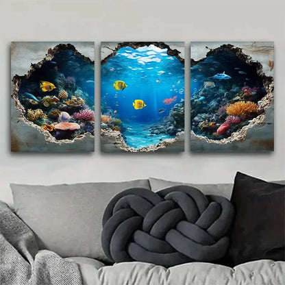 3pcs Underwater Scene Vibrant Coral Reef and Fish Metal Print Ready to Hang Art
