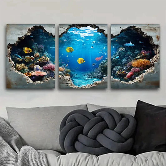 3pcs Underwater Scene Vibrant Coral Reef and Fish Metal Print Ready to Hang Art