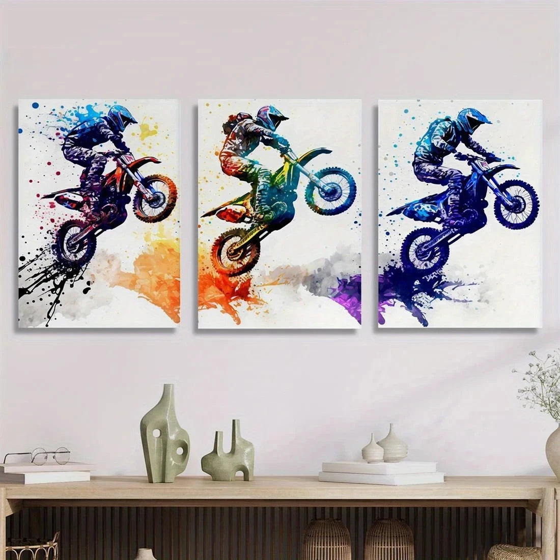 3pcs Vibrant Motocross Colorful Racing Rider Metal Print Ready to Hang Art