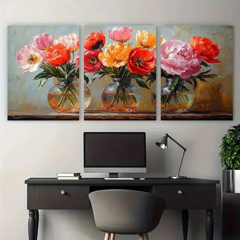 3pcs Still Life Tulip Poppy Peony Flowers in Glass Metal Print Ready to Hang Art