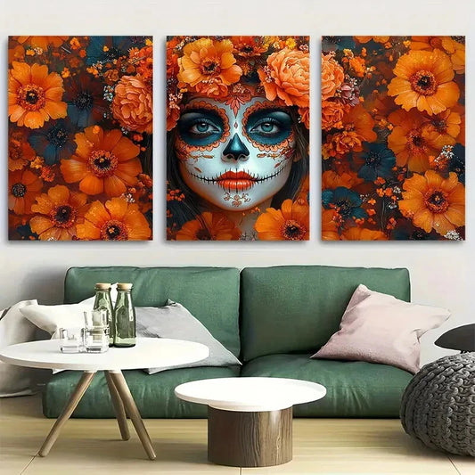 3pcs Elegant Dia de los Muertos Woman with Floral Metal Print Ready to Hang Art