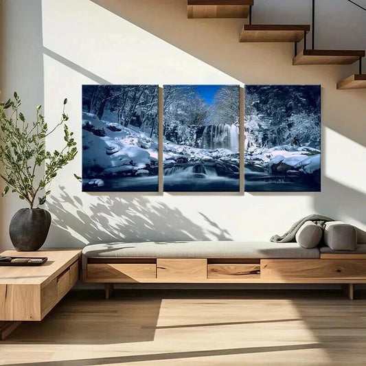 3pcs Winter Snow Scene Waterfall Modern Wall Art Set Canvas Framed 40x60cm - High Quality Print 100% Australian Made Wall Canvas Ready to Hang