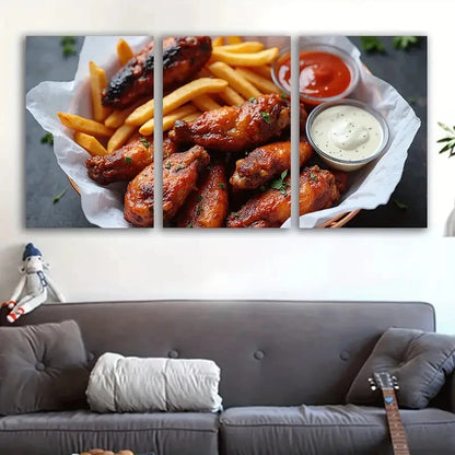 3pcs Crispy Chicken Wings With Fries & Sauces Wall Art Set Canvas Framed 60x90cm - High Quality Print 100% Australian Made Wall Canvas Ready to Hang