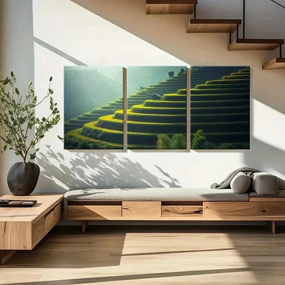 3pcs Green Geometric Terraced Fields Wall Art Set Canvas Framed 40x60cm - High Quality Print 100% Australian Made Wall Canvas Ready to Hang