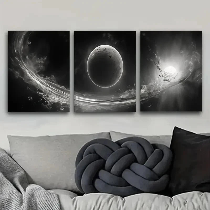 3pcs Celestial Wonder Black and White Abstract Metal Print Ready to Hang Art