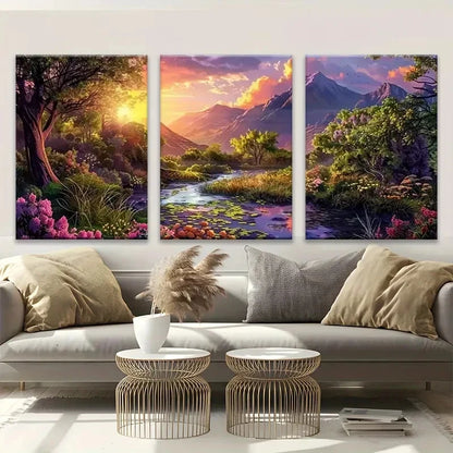 3pcs Sunset Mountains Floral Stream Valley Metal Print Ready to Hang Art