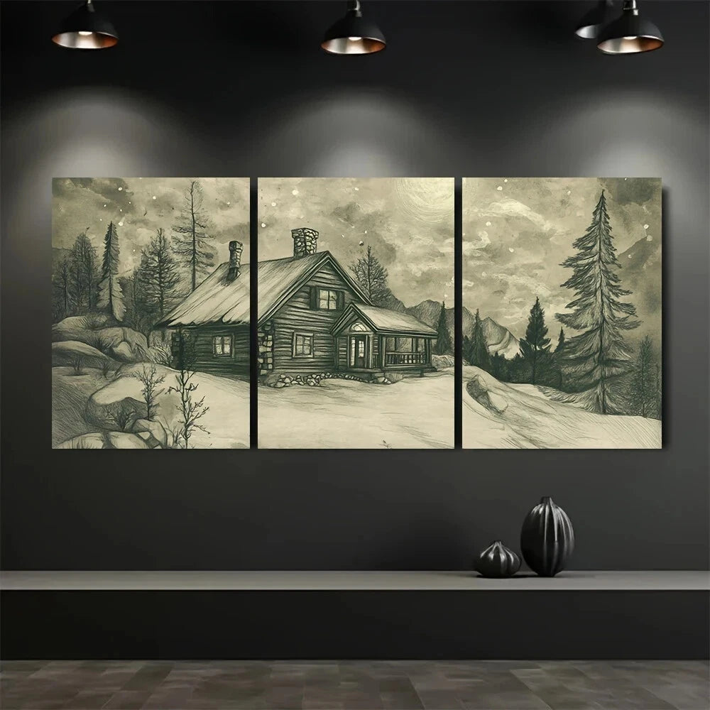 3pcs Snowy Mountain Cabin Scene Metal Print Ready to Hang Art