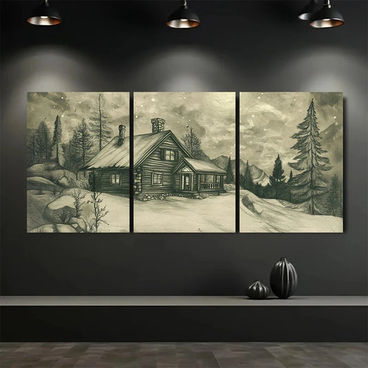 3pcs Snowy Mountain Cabin Scene Metal Print Ready to Hang Art