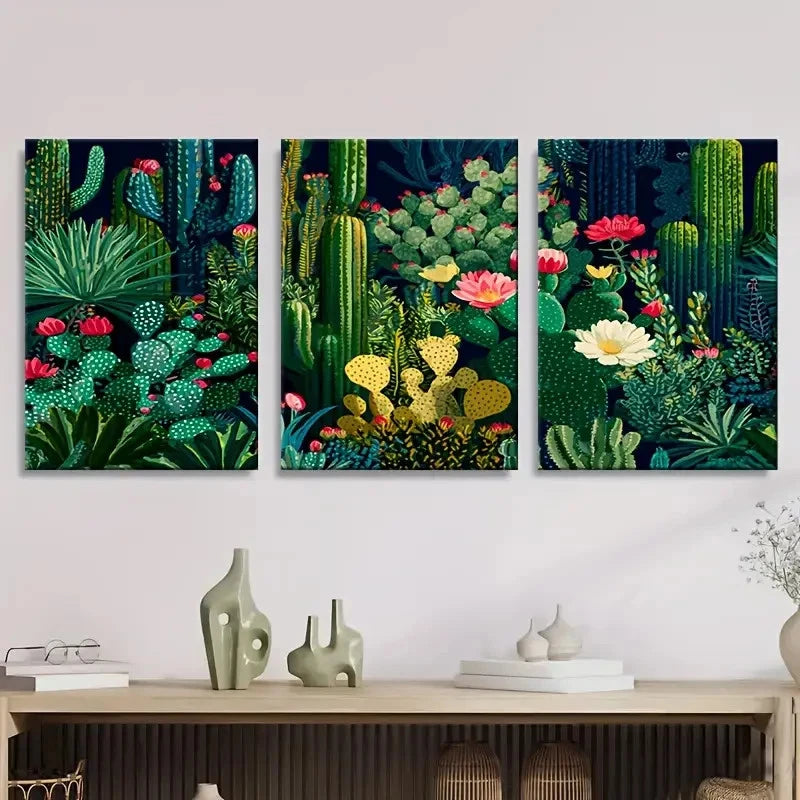 3pcs Navy Cactus Wall Art Set Canvas Framed 40x60cm - High Quality Print 100% Australian Made Wall Canvas Ready to Hang