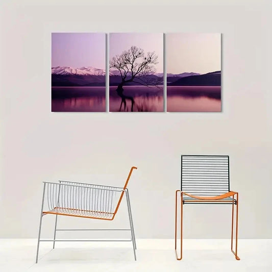 3pcs Purple Sunset Tranquil Lake Reflections Metal Print Ready to Hang Art