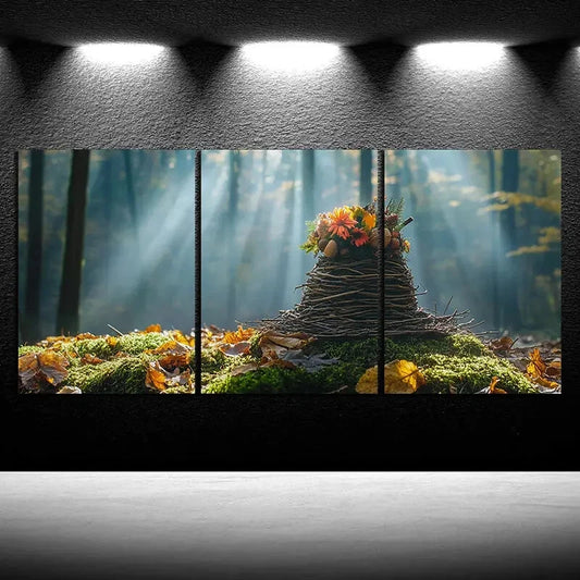 3pcs Autumn Forest Scene with Floral Hat Metal Print Ready to Hang Art