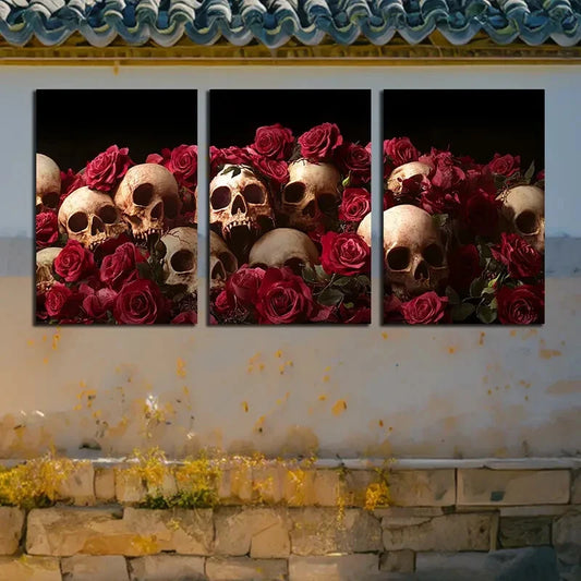 3pcs Vibrant Skeleton in the Rose Flowers Design Metal Print Ready to Hang Art