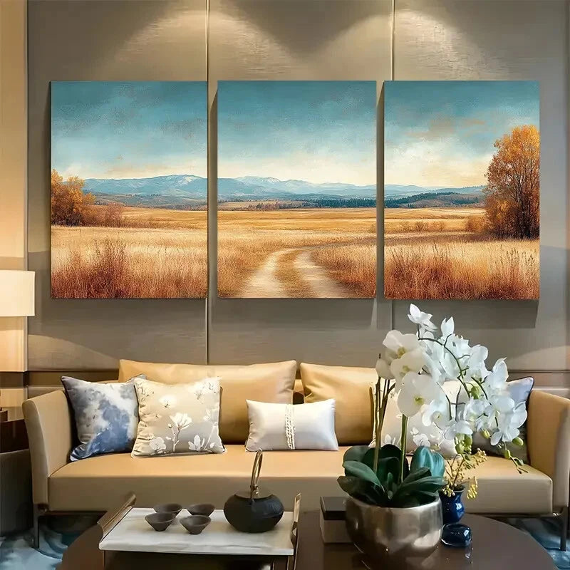 3pcs Serene Countryside in Soft Blue & Golden Tone Metal Print Ready to Hang Art