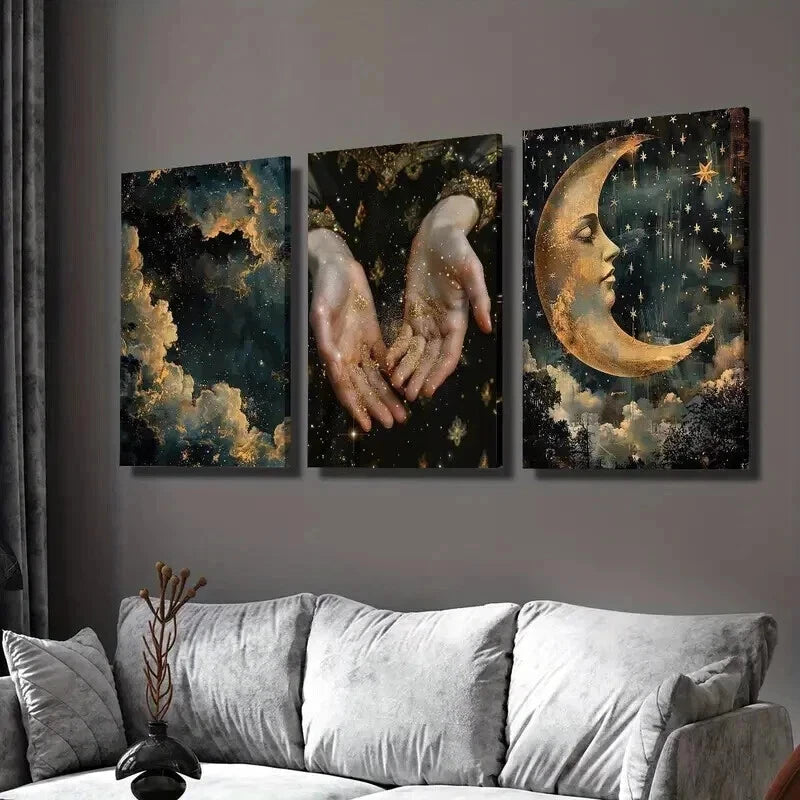 3pcs Abstract Magic Shine in Hand Stars Moon Wall Art Set Canvas Framed 40x60cm - High Quality Print 100% Australian Made Wall Canvas Ready to Hang