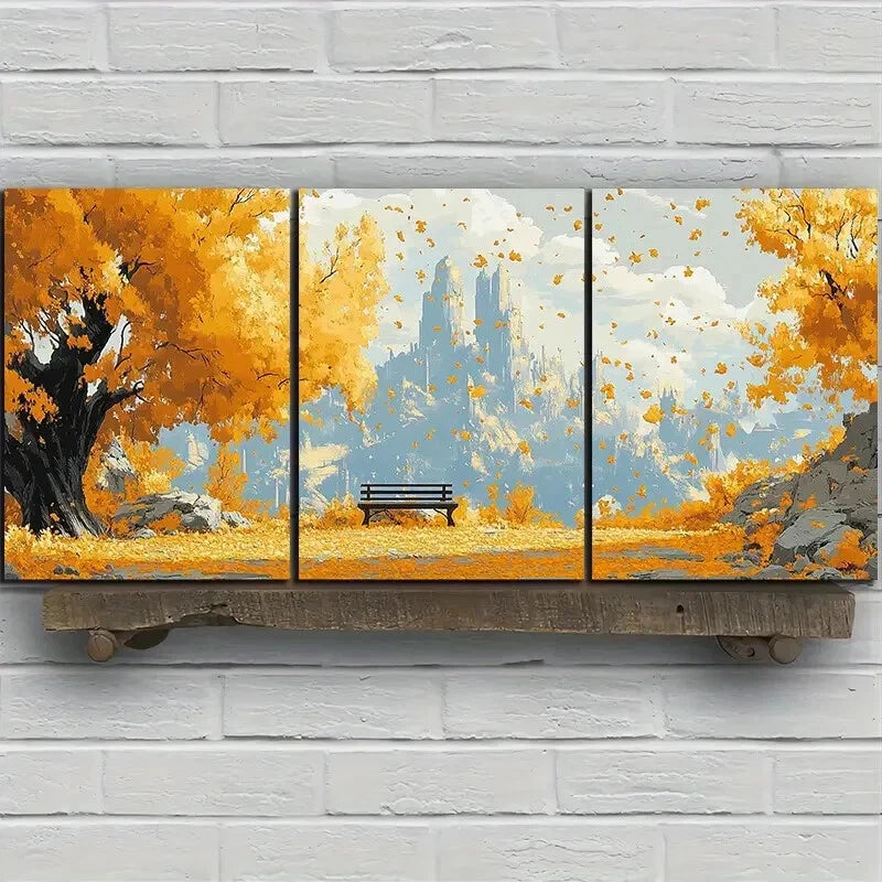 3pcs A Bench Under Autumn Leaves Metal Print Ready to Hang Art