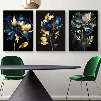 3pcs Abstract Golden & Blue Floral Metal Print Ready to Hang Art