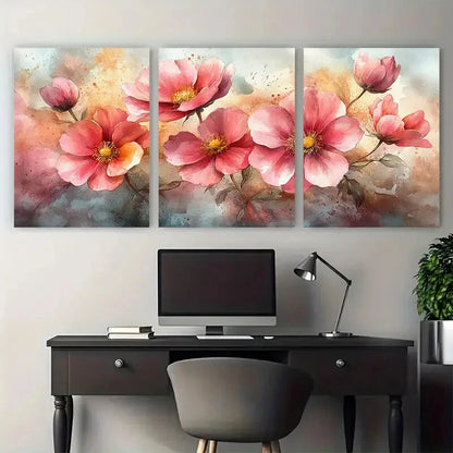 3pcs Elegant Pink Cosmos Watercolor Floral Design Metal Print Ready to Hang Art