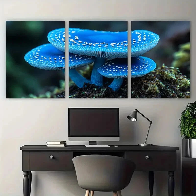 3pcs Vibrant Blue Mushroom Macro Photography Metal Print Ready to Hang Art