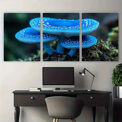 3pcs Vibrant Blue Mushroom Macro Photography Metal Print Ready to Hang Art
