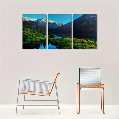 3pcs Mountain Lake Foliage & Snow Capped Peaks Metal Print Ready to Hang Art