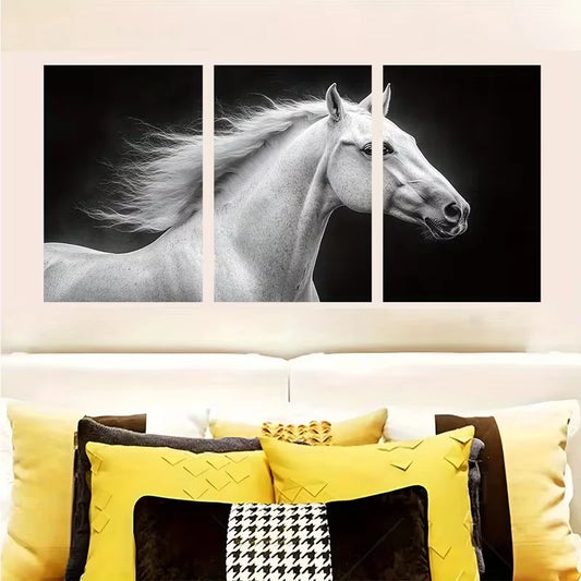 3pcs Graceful Black and White Horse Metal Print Ready to Hang Art