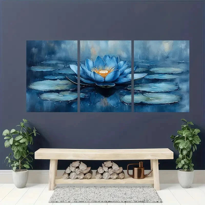 3pcs Blue Lotus Flower Serene Watercolor Metal Print Ready to Hang Art