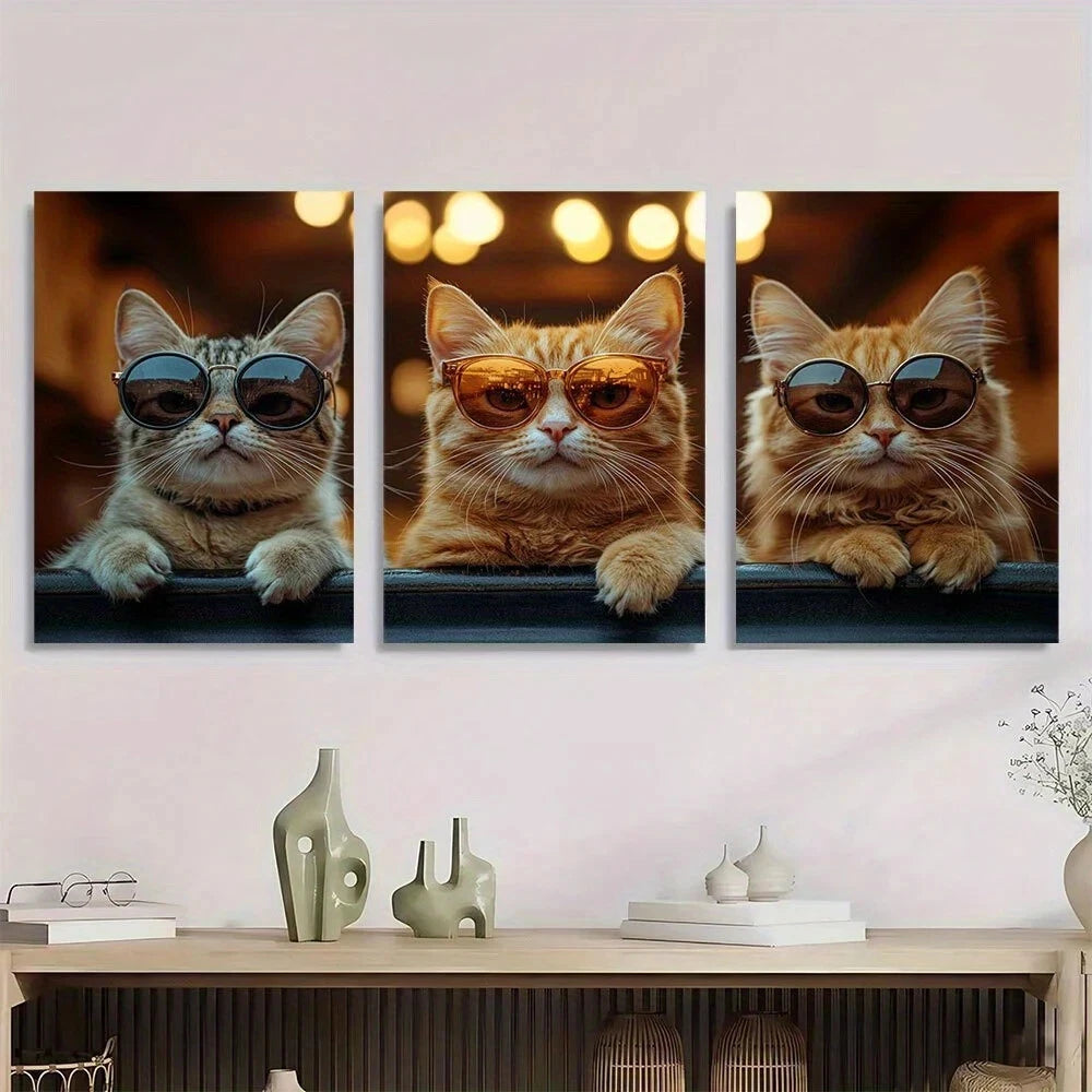 3pcs Funny Cats with Glasses Modern Metal Print Ready to Hang Art