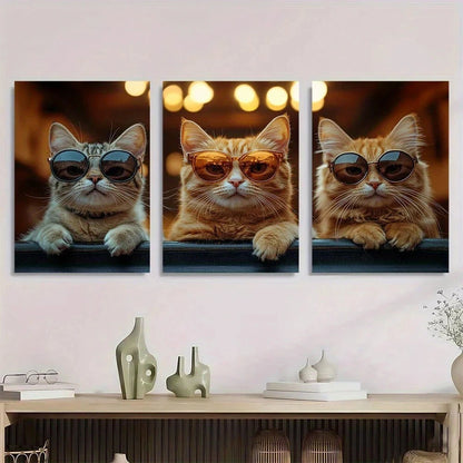 3pcs Funny Cats with Glasses Modern Metal Print Ready to Hang Art