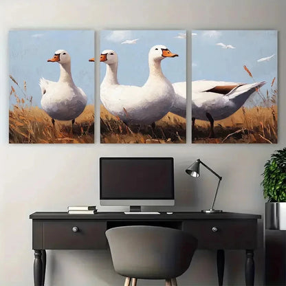 3pcs White Geese Farmhouse Animal Wall Art Set Canvas Framed 40x60cm - High Quality Print 100% Australian Made Wall Canvas Ready to Hang
