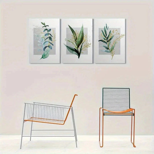 3pcs Abstract Green Leaves Painting Metal Print Ready to Hang Art