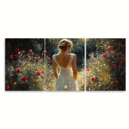 3pcs Elegant Woman Classic White Dress in Garden Metal Print Ready to Hang Art