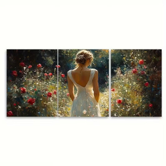 3pcs Elegant Woman Classic White Dress in Garden Metal Print Ready to Hang Art
