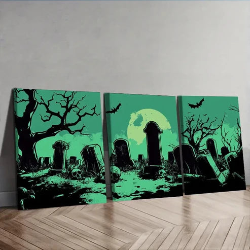 3pcs Graveyard Halloween Theme Wall Art Set Canvas Unframed - High Quality Print 100% Australian Made Wall Canvas
