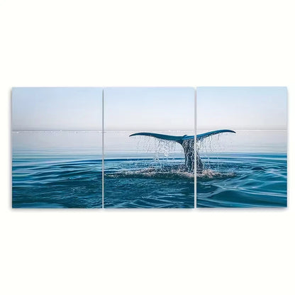 3pcs Ocean Sunset Scene with Whale Fin and Waves Metal Print Ready to Hang Art