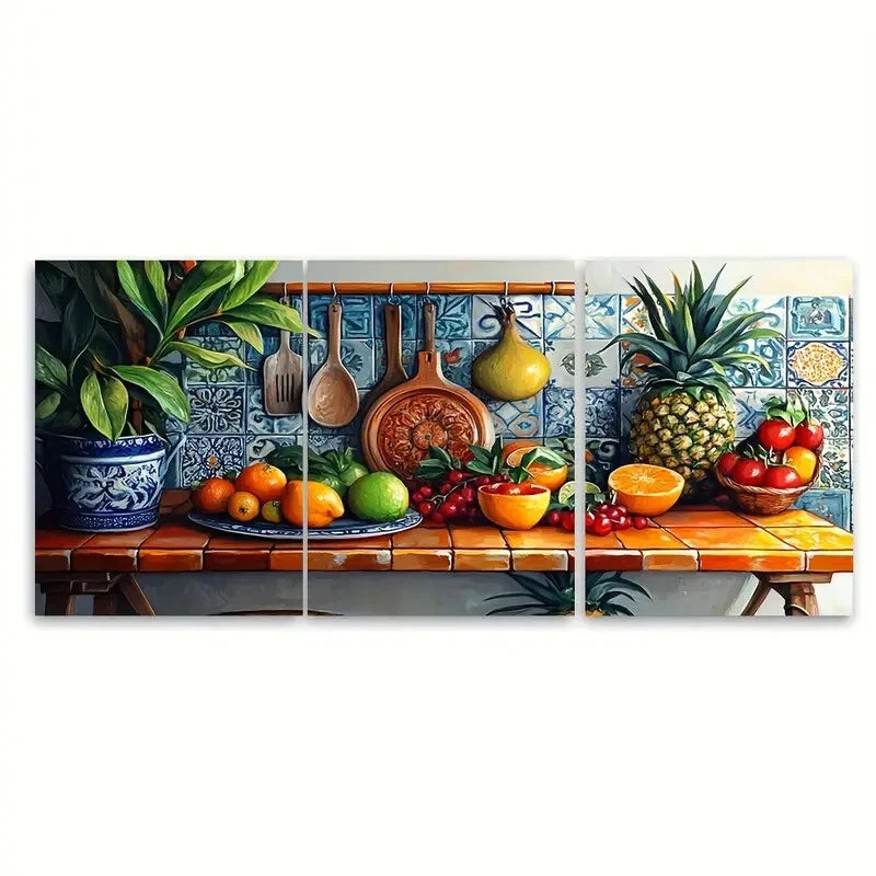 3pcs Vibrant Ceramic Tiles & Tropical Fruits Metal Print Ready to Hang Art