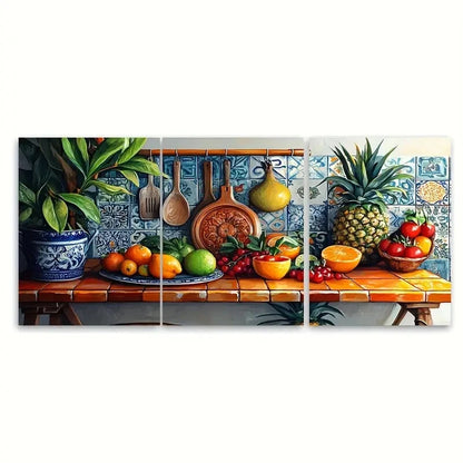 3pcs Vibrant Ceramic Tiles & Tropical Fruits Metal Print Ready to Hang Art