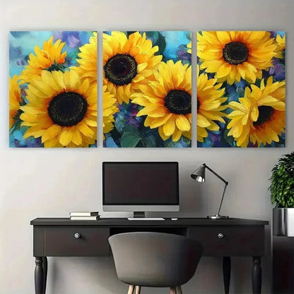3pcs Vibrant Yellow Sunflowers Blue Perfect Wall Art Canvas Framed 60x90cm