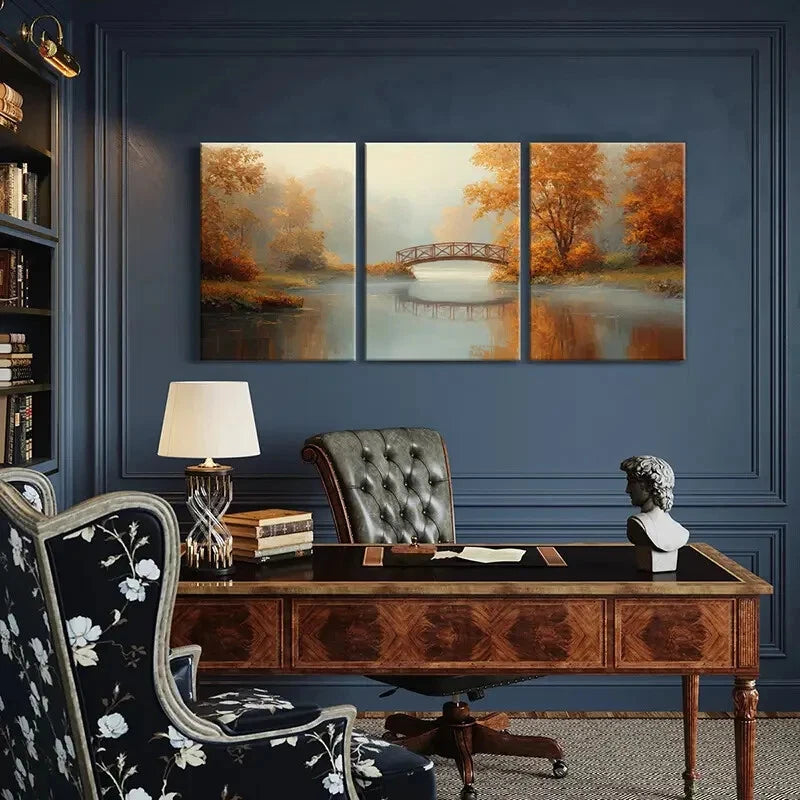 3pcs Autumn Scenery Bridge Reflection Metal Print Ready to Hang Art