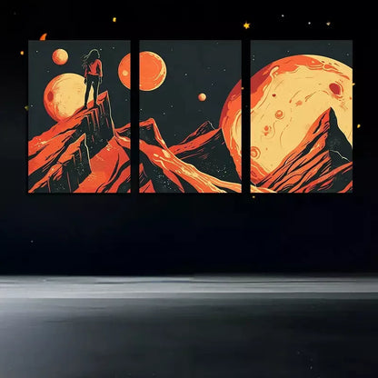 3pcs  Woman Over Jagged Mountains Under Planets Wall Art Set Canvas Framed 50x70cm -  High Quality Print 100% Australian Made Wall Canvas Ready to Hang - Bella Home Decor