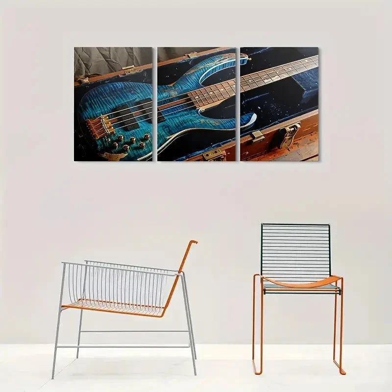 3pcs Shiny Blue Electric Guitar in Case Metal Print Ready to Hang Art