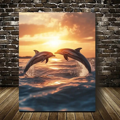 Dolphin Sunset Scene with Glowing Painting 40x60cm Metal Print Ready to Hang