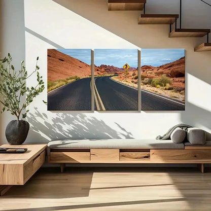 3pcs Road Landscape with Cacti & Rock Formations Wall Art Set Canvas Framed 40x60cm - High Quality Print 100% Australian Made Wall Canvas Ready to Hang